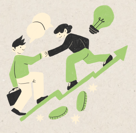 Illustration of two professionals shaking hands while climbing a growth arrow